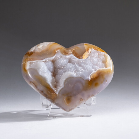 Genuine Agate and Druzy Quartz Crystal Cluster Heart+ Acrylic Display Stand // V1