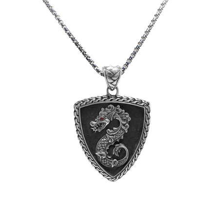 Men's Carved Dragon Shield Pendant + Red Sapphire Accent // Silver