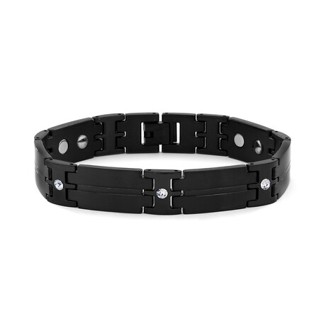 Stainless Steel Polished Cubic Zirconia Link Bracelet // Black