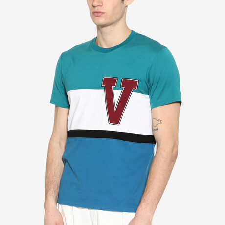 V Color Block T-Shirt // Petrol + White + Blue (XS)