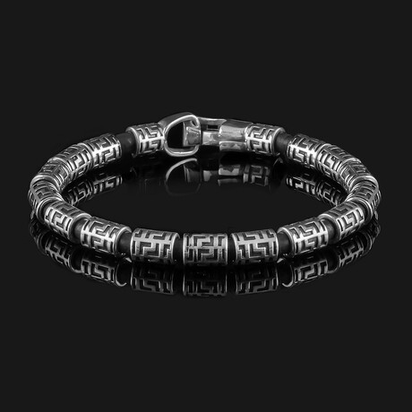 Pixel Black Leather Bracelet // Silver + Black (X-Small)