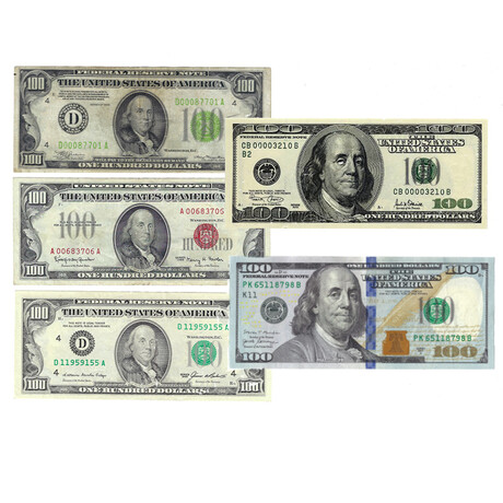 Evolution of the $100 Bill // Set of 5 Legal Tender & Federal Reserve Notes // 1934-Present // Lightly Circulated