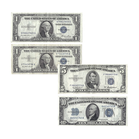 $1 - $5 - $10 U.S. Silver Certificates Set of 4 // Lightly Circulated // 1935 to 1957