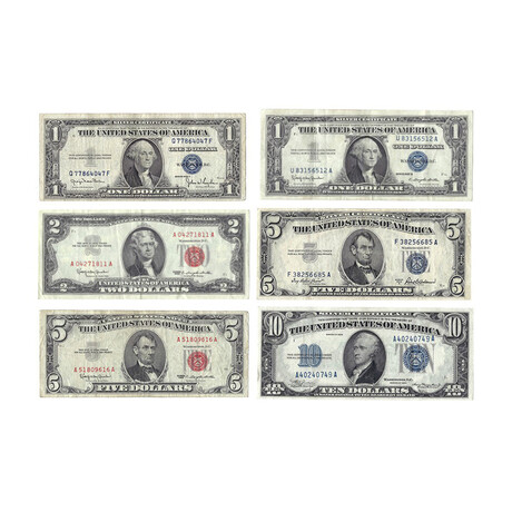 $1 - $2 - $5 - $10 United States Currency // Set of 6 // Red & Blue Seals // Lightly Circulated // 1934 to 1963