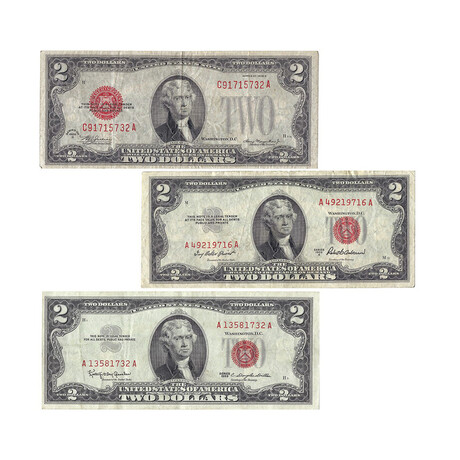 $2 United States Currency // Set of 3 // Red Seals // Lightly Circulated // 1928 to 1963 // Deluxe Collector's Pouch