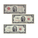 $2 United States Currency Set of 3 // Red Seals // Lightly Circulated // 1928 to 1963 // Deluxe Collector's Pouch