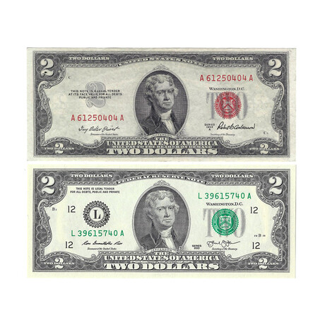 $2 United States Currency Set of 2 // Red & Green Seals // Almost Unc. to Uncirculated // 1953-2013