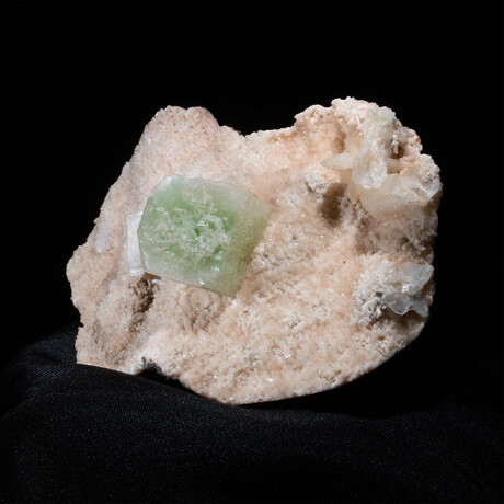 Cubic Green Apopyllite Solitare on Miniature Stilbite and Chalcedony