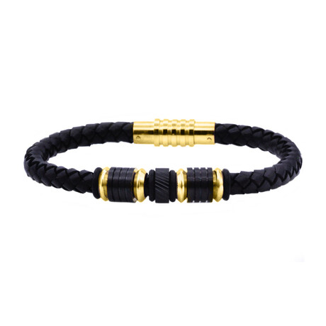 Leather + Stainless Steel Beaded Bracelet // Black + Gold