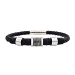 Leather + Stainless Steel Rope Beaded Bracelet // Black + Silver