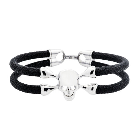 Sting Ray Leather + Polished Stainless Steel Skull Bracelet // Black + Silver