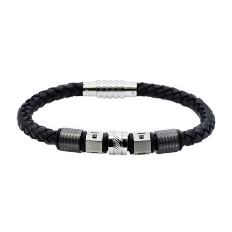 Leather + Stainless Steel CZ Bracelet // Black + Silver