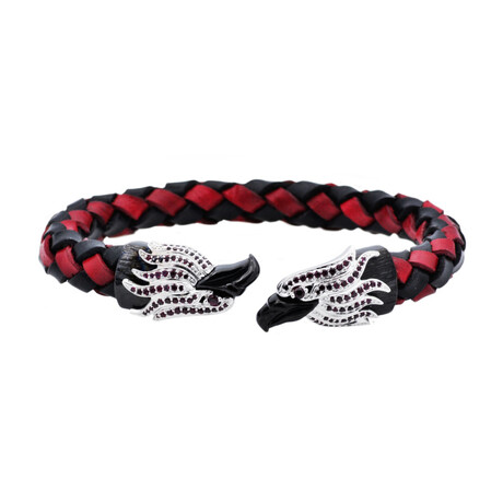 Leather + Stainless Steel CZ Eagle Bracelet // Black + Red + Silver