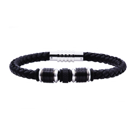 Leather + Stainless Steel Beaded Bracelet // Black + Silver