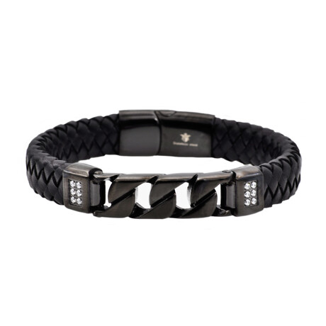 Leather + Stainless Steel CZ Cuban Link Bracelet // Black