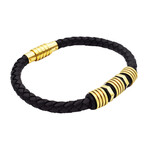 Sandblasted + Polished Stainless Steel + Leather Bracelet // Black + Gold