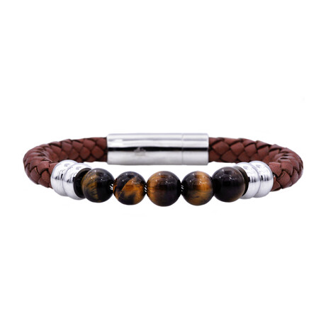 Tiger's Eye Beaded Stainless Steel + Leather Bracelet // Brown + Silver