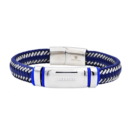 Leather + Stainless Steel Braided CZ ID Bracelet // Blue + Silver