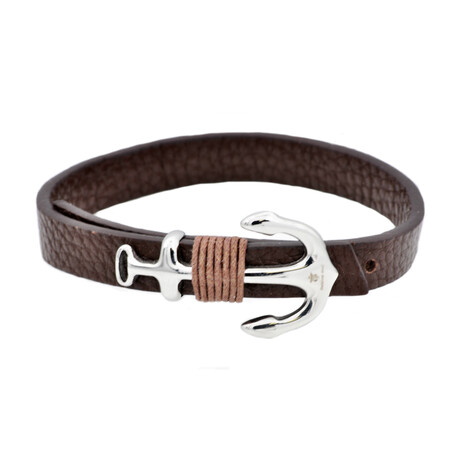 Leather + Stainless Steel Anchor Bracelet // Brown + Silver