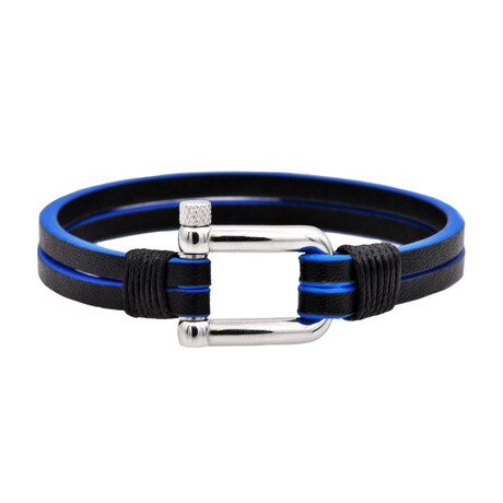 Leather + Stainless Steel Horse Shoe Clasp Bracelet // Black + Blue