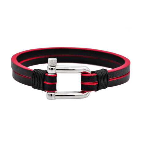 Leather + Stainless Steel Horse Shoe Clasp Bracelet // Black + Red