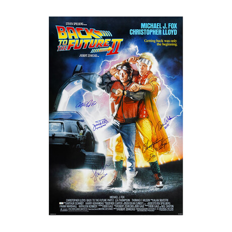 Back To The Future II // Autographed By Michael J. Fox, Christopher Lloyd, Lea Thomson, Tom Wilson + James Tolkan Movie Poster // 27X40
