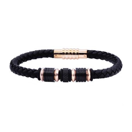 Leather + Stainless Steel Beaded Bracelet // Black + Rose