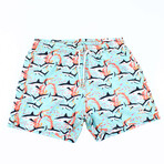 Shark Print Swim Trunks // Teal (S)