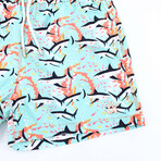 Shark Print Swim Trunks // Teal (S)