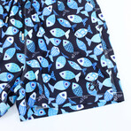 Fish Print Swim Trunks // Navy (2XL)