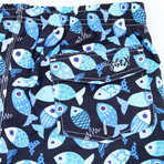 Fish Print Swim Trunks // Navy (2XL)