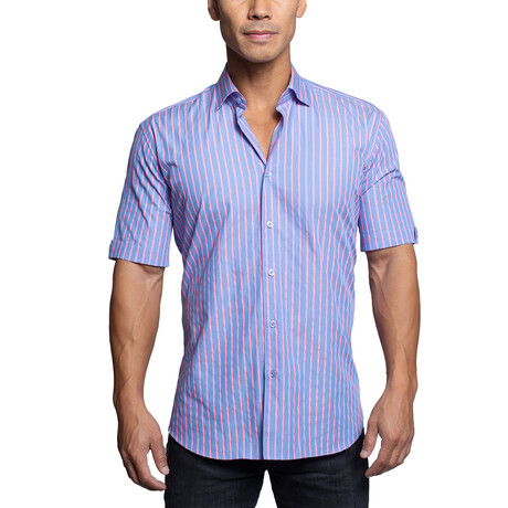 Galileo Neon Stripe Button Up Shirt // Blue (L)