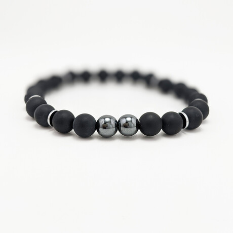 Matte Black Agate + Hematite Bead Bracelet // Black + Silver