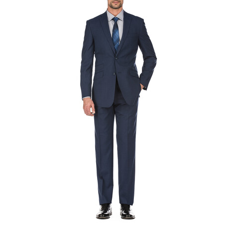 Slim Fit Double Button 2-Piece Wool Suit // Navy Plaid (36R)