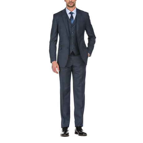 Slim Fit 3-Piece Notch Lapel Windowpane Wool Suit // Navy Plaid (36R)