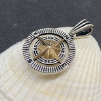 Sterling Silver + Gold Plated Hollow Compass Round Pendant Necklace // 24" Coreana Chain