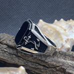 Sterling Silver + Black Onyx Nautical Signet Ring (Ring Size: 9)