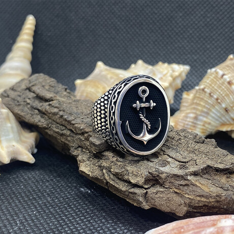 Sterling Silver Antique Pirate Anchor Signet Ring (Ring Size: 9)