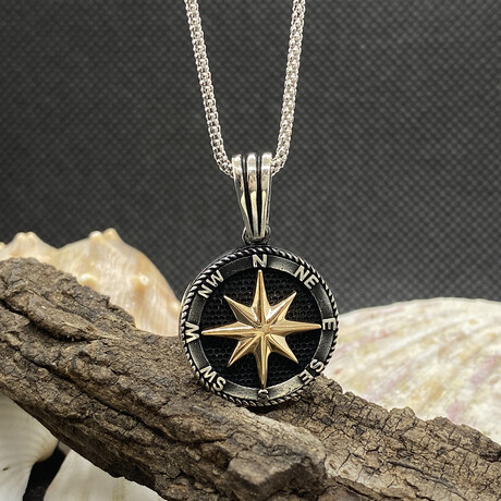 Sterling Silver + Gold Plated Compass Round Pendant Necklace // 24" Coreana Chain