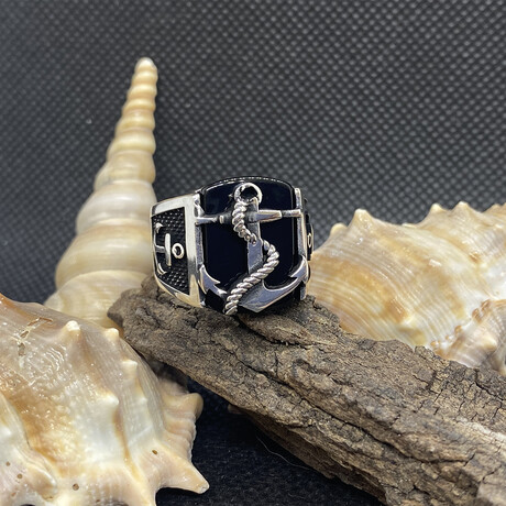 Sterling Silver + Black Onyx Anchor Signet Ring (Ring Size: 9)
