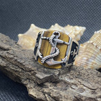 Sterling Silver + Tigers Eye Anchor Signet Ring (Ring Size: 9)