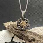 Sterling Silver + Gold Plated Compass Motifs Round Pendant Necklace // 24" Coreana Chain