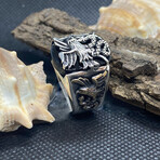 Sterling Silver + Black Onyx Eagle Serpent Statement Ring (Ring Size: 9)