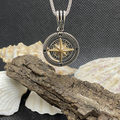Sterling Silver + Gold Plated Hollow Compass Round Pendant Necklace // 24" Coreana Chain