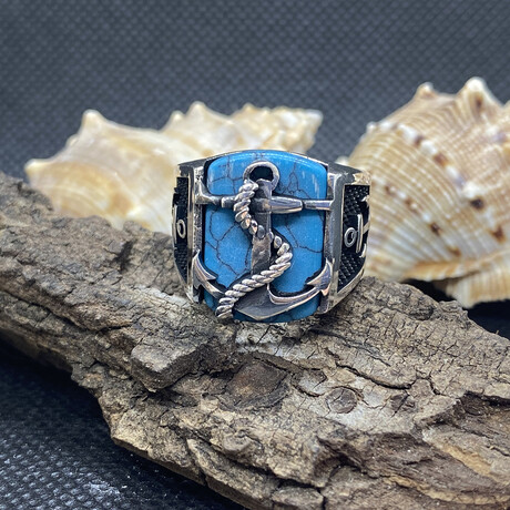 Sterling Silver + Turquoise Anchor Signet Ring (Ring Size: 9)