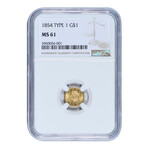 1854 $1 Gold Piece Type 1 // NGC Certified MS61 // Wood Presentation Box