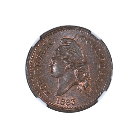 1863 Civil War Token // For Public Accommodation - Knickerbocker Currency // NGC Certified MS66BN // Wood Presentation Box