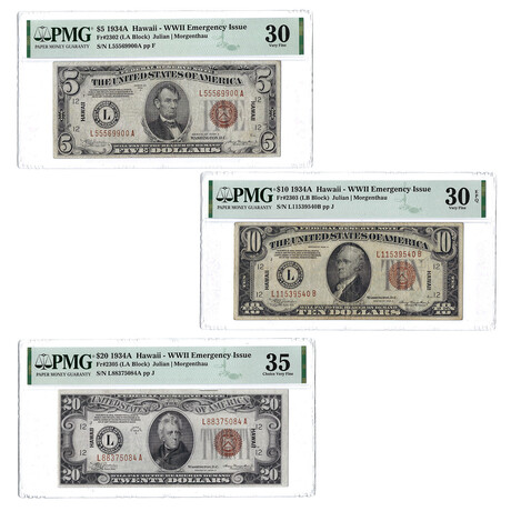 1934A Hawaii WWII Emergency Issue Federal Reserve Notes // $5 - $10 - $20 Set of 3 // PMG Certified VF30 to VF35