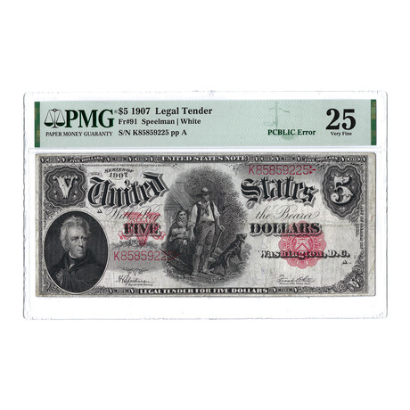 1907 $5 Large Size Legal Tender Note // PCBLIC Error // Speelman-White // PMG Certified VF25