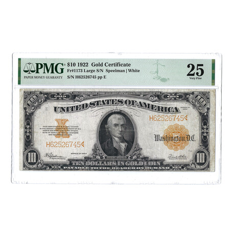 1922 $10 Large Size Gold Certificate // Speelman-White // PMG Certified VF25